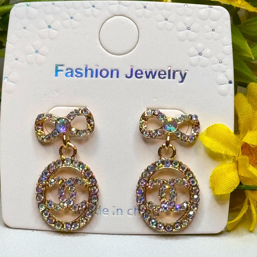 Fashion Jewelry Gold tone Iridescent Crystal Bow Dangling Earrings